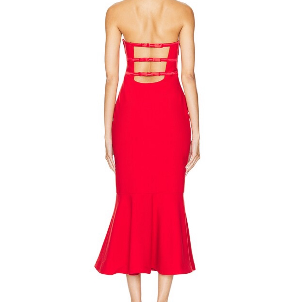 Likely Millie: Vibrant Red Strapless Midi Dress